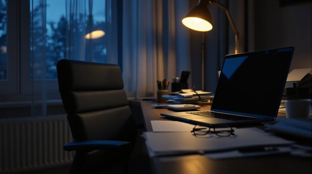 Bureau déserté au crépuscule évoquant l'épuisement professionnel et la surcharge de travail