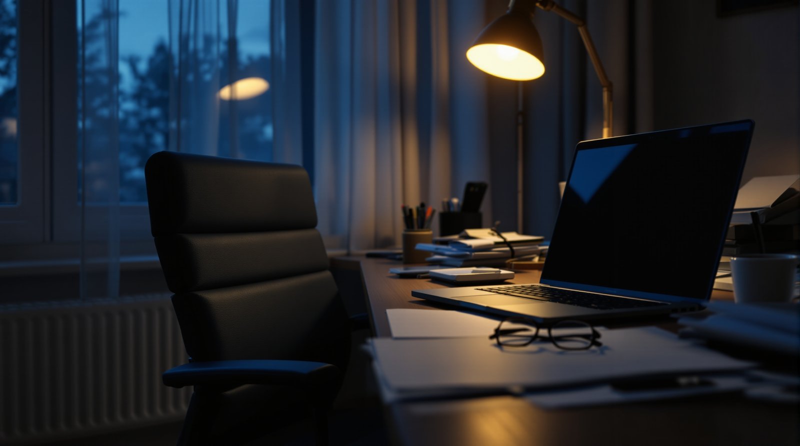 Bureau déserté au crépuscule évoquant l'épuisement professionnel et la surcharge de travail