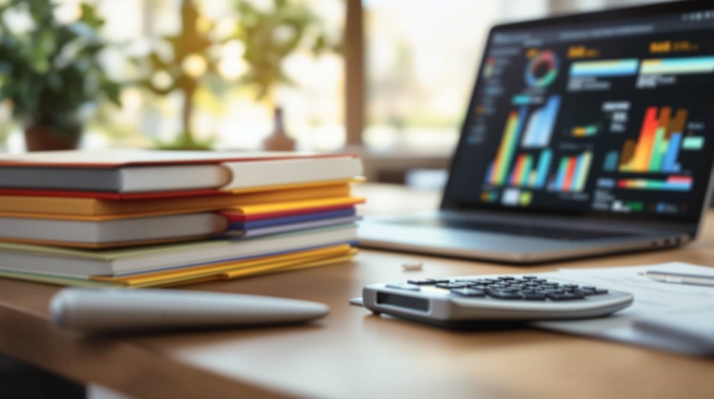 Gestionnaire de paie : plan de travail avec calculatrice, classeurs et ordinateur