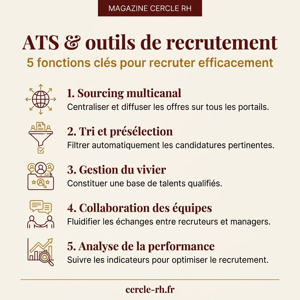 ATS & outils de recrutement : 5 fonctions clés pour recruter efficacement — infographie Cercle RH
