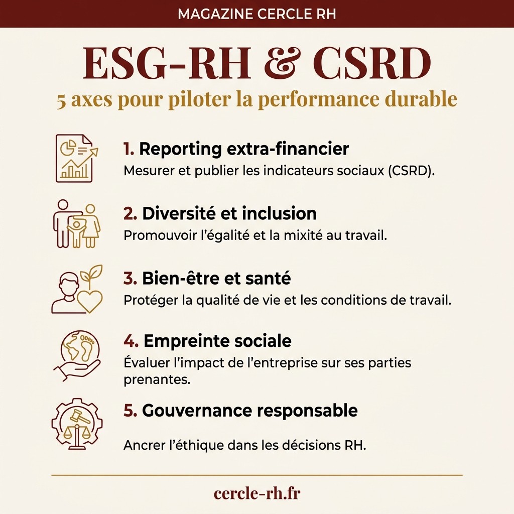 ESG-RH & CSRD : 5 axes pour piloter la performance durable — infographie Cercle RH