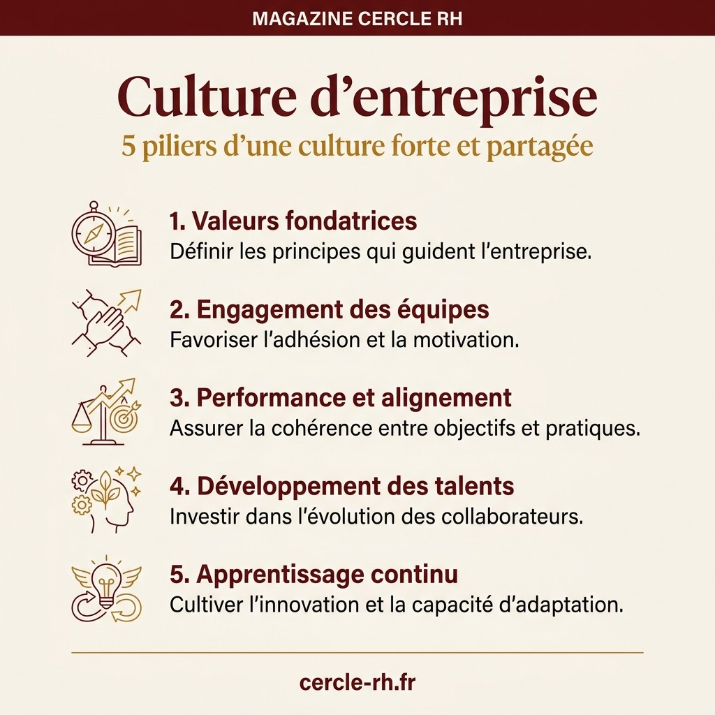 Culture d'entreprise : 5 piliers d'une culture forte et partagée — infographie Cercle RH