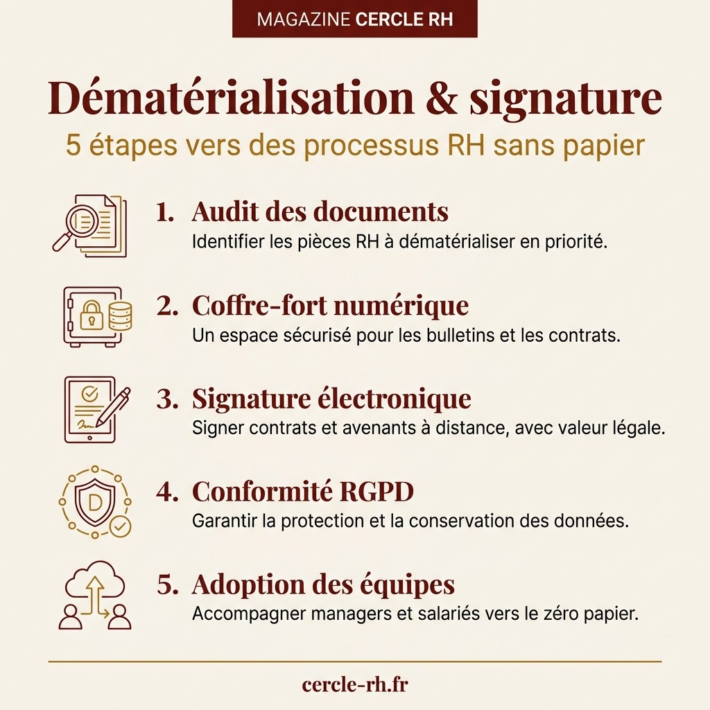 Dématérialisation & signature : 5 étapes vers des processus RH sans papier — infographie Cercle RH