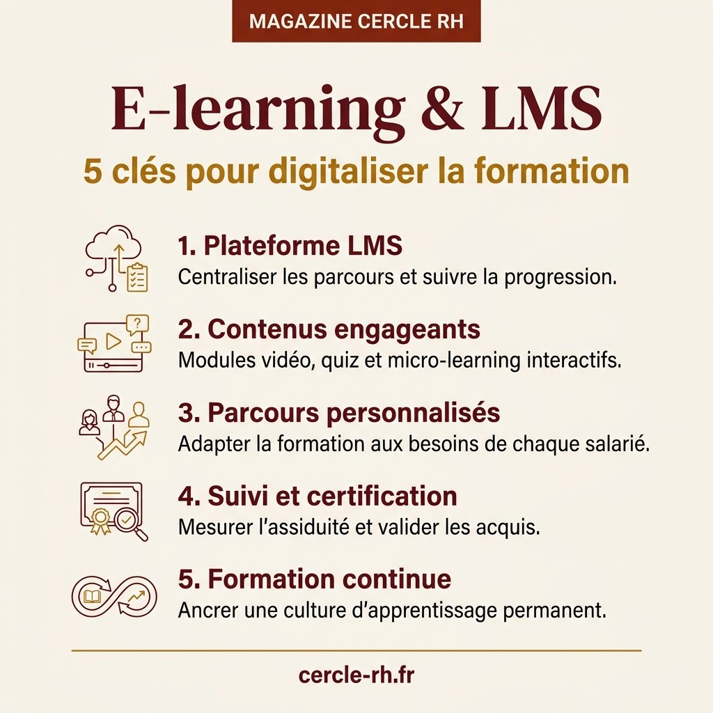 E-learning & LMS : 5 clés pour digitaliser la formation — infographie Cercle RH