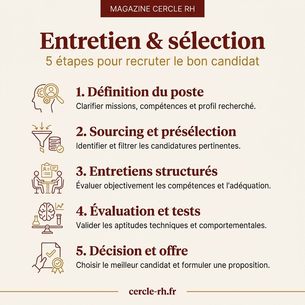 Entretien & sélection : 5 étapes pour recruter le bon candidat — infographie Cercle RH