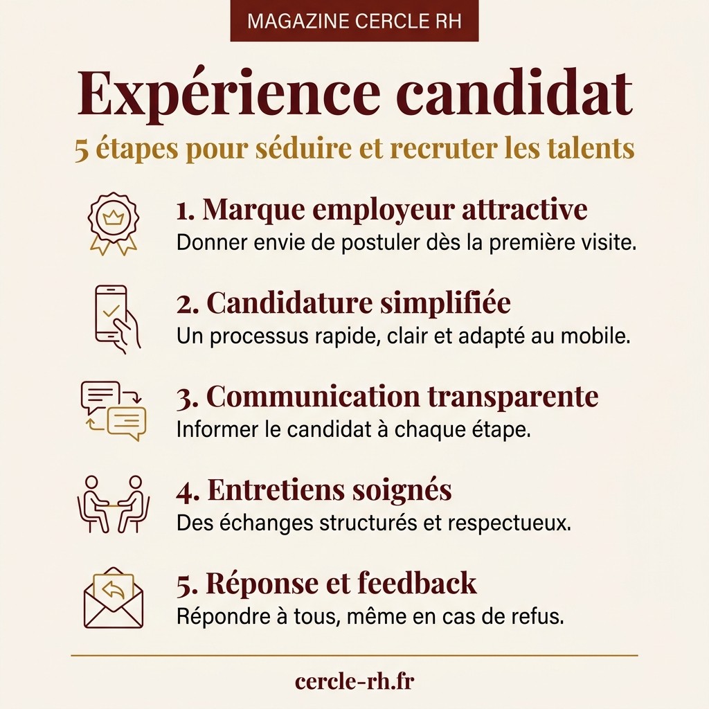 Expérience candidat : 5 étapes pour séduire et recruter les talents — infographie Cercle RH