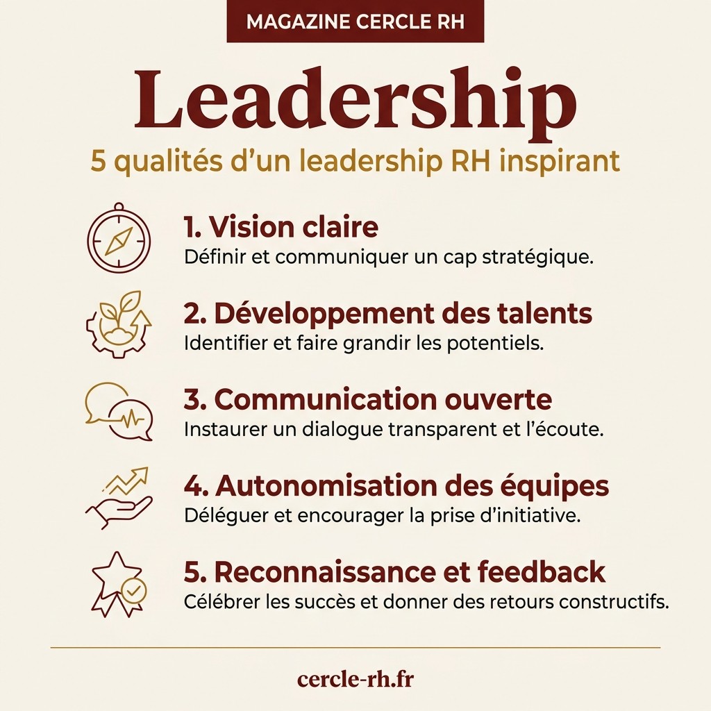Leadership : 5 qualités d'un leadership RH inspirant — infographie Cercle RH