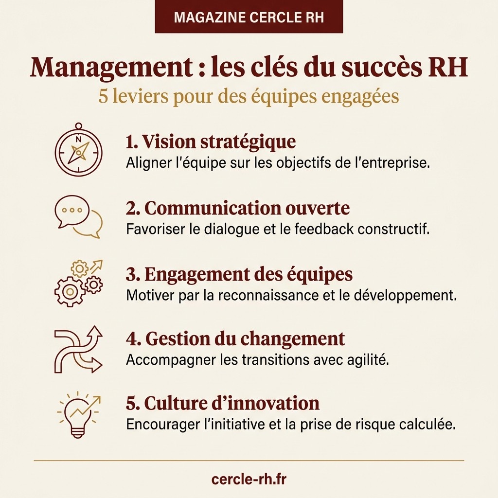Management : les clés du succès RH : 5 leviers pour des équipes engagées — infographie Cercle RH