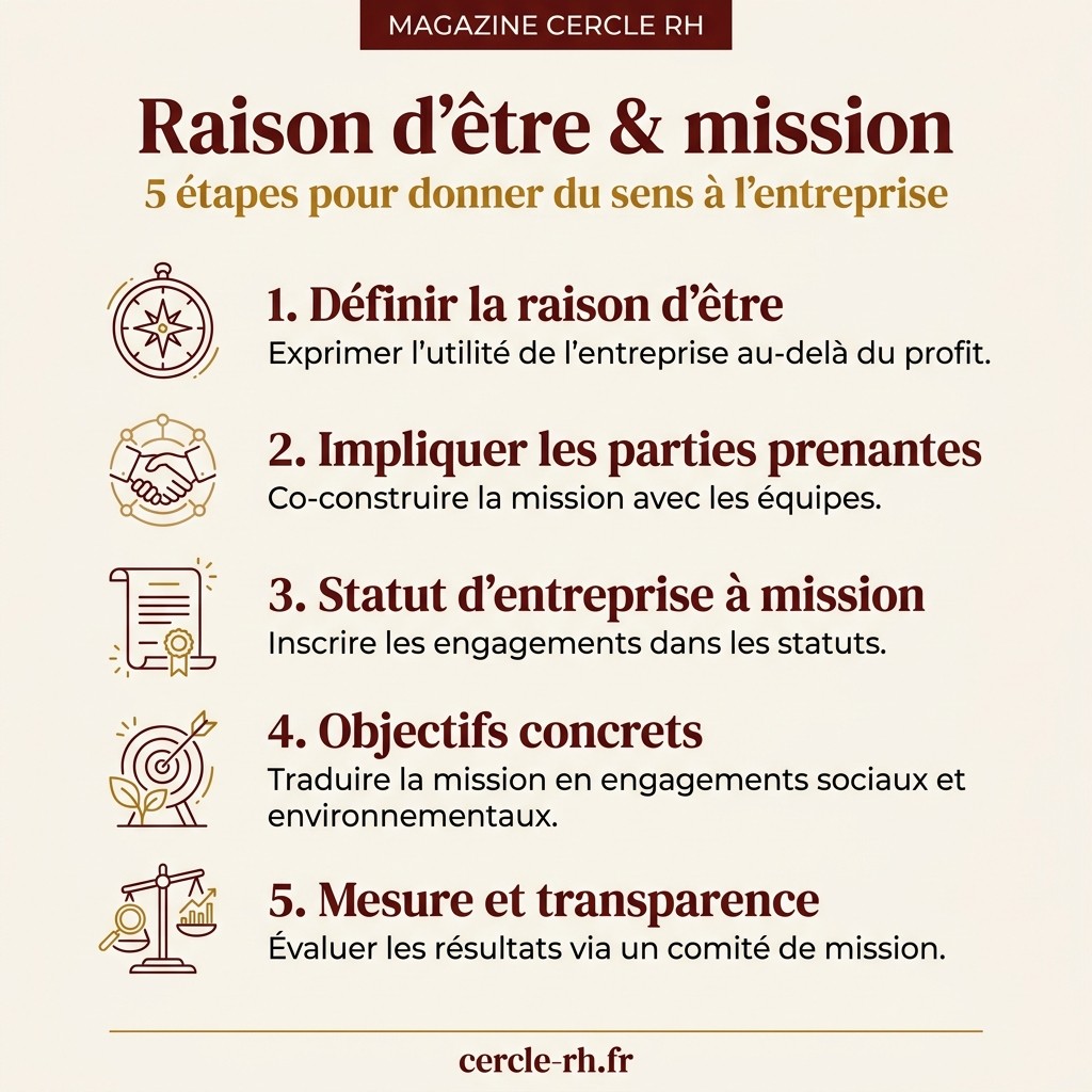 Raison d'être & mission : 5 étapes pour donner du sens à l'entreprise — infographie Cercle RH
