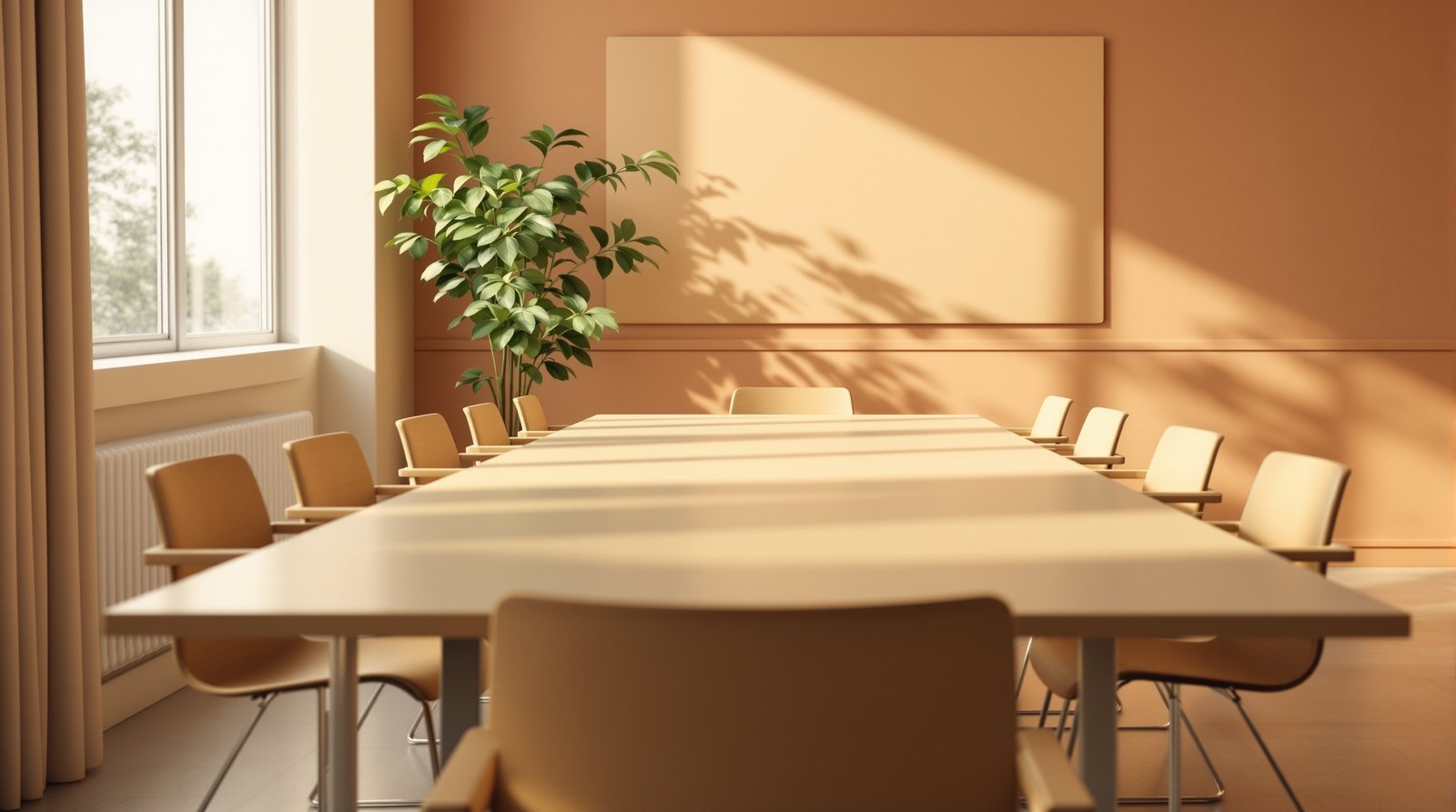 Salle de réunion lumineuse aux chaises vides autour d'une table, évoquant la négociation et l'anticipation des compétences