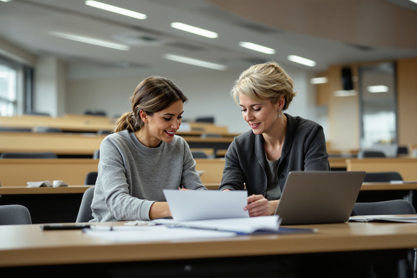 Deux étudiants en master ressources humaines devant un ordinateur dans une salle de classe universitaire