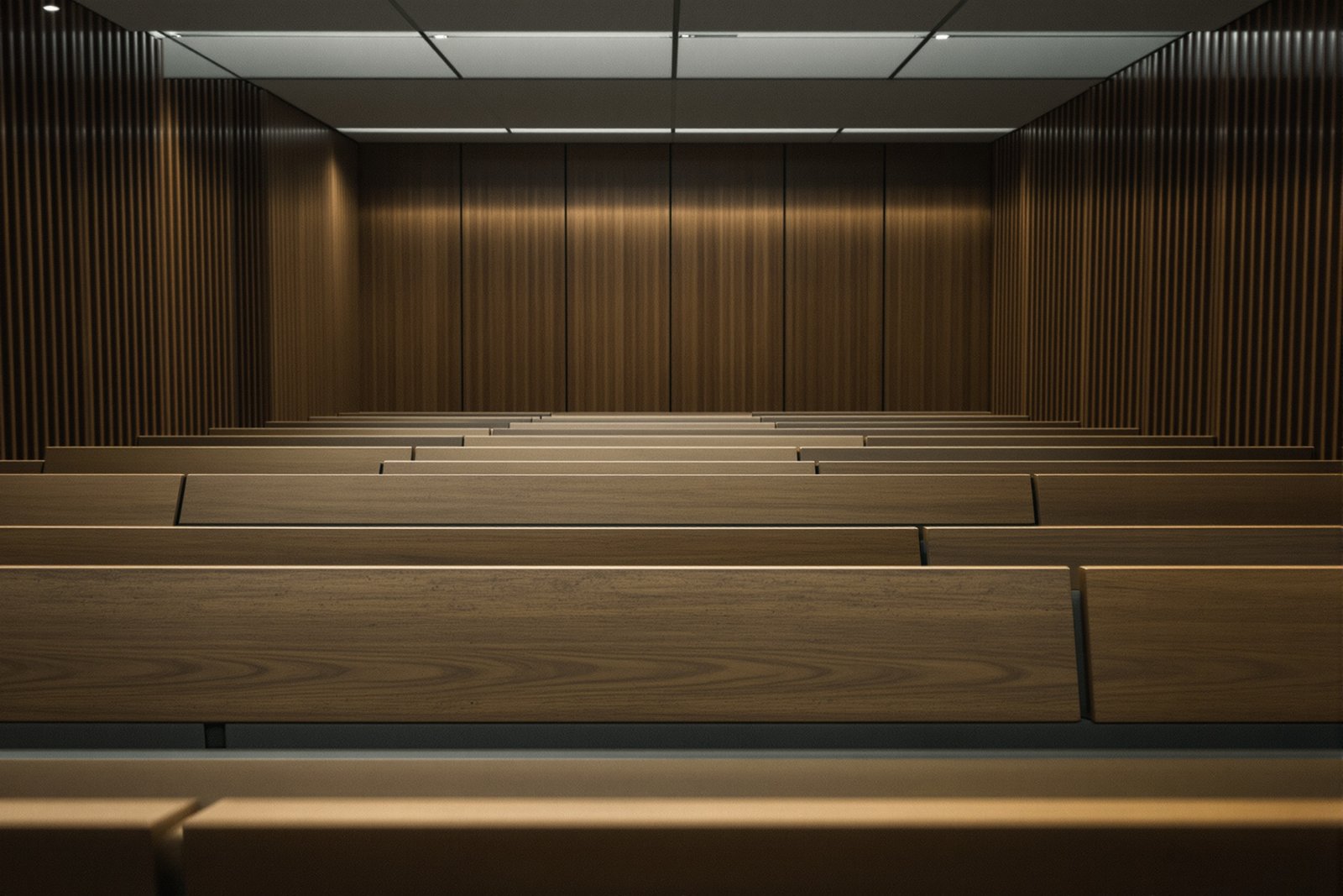 Salle d'attente vide aux bancs de bois, ambiance sombre et feutrée, type conseil de prud'hommes