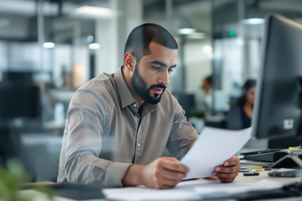 Un salarié du service paie examine un document papier dans un bureau