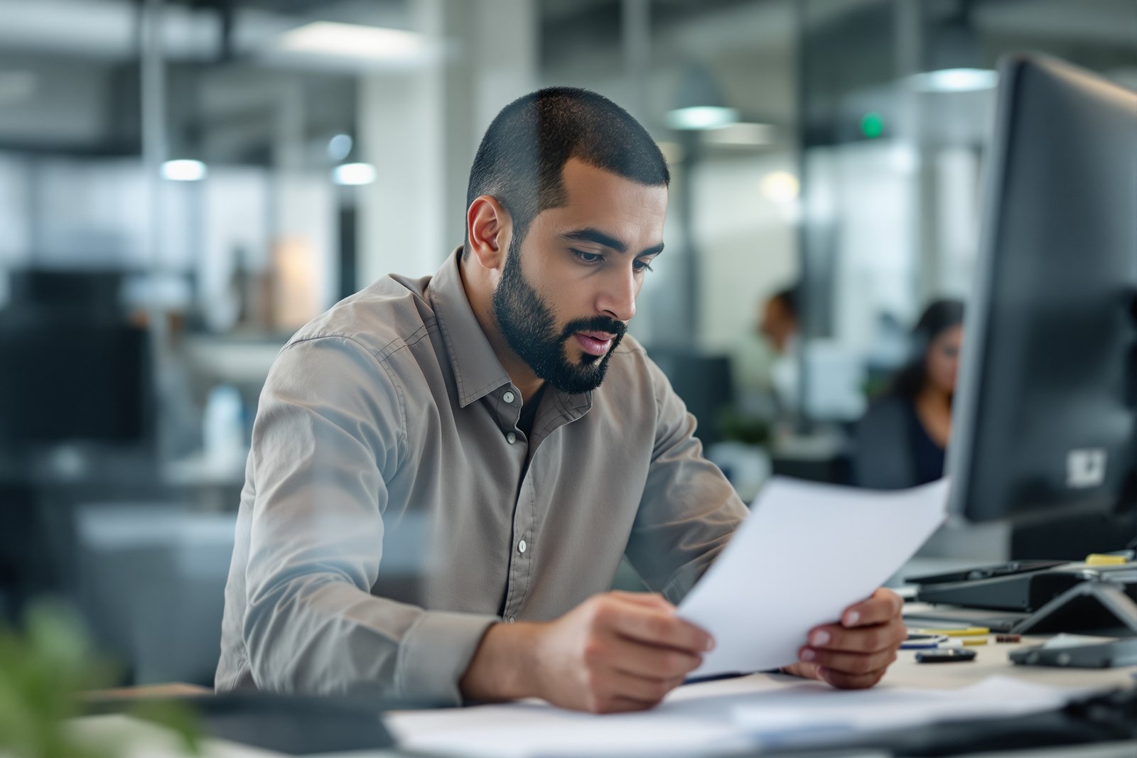 Un salarié du service paie examine un document papier dans un bureau